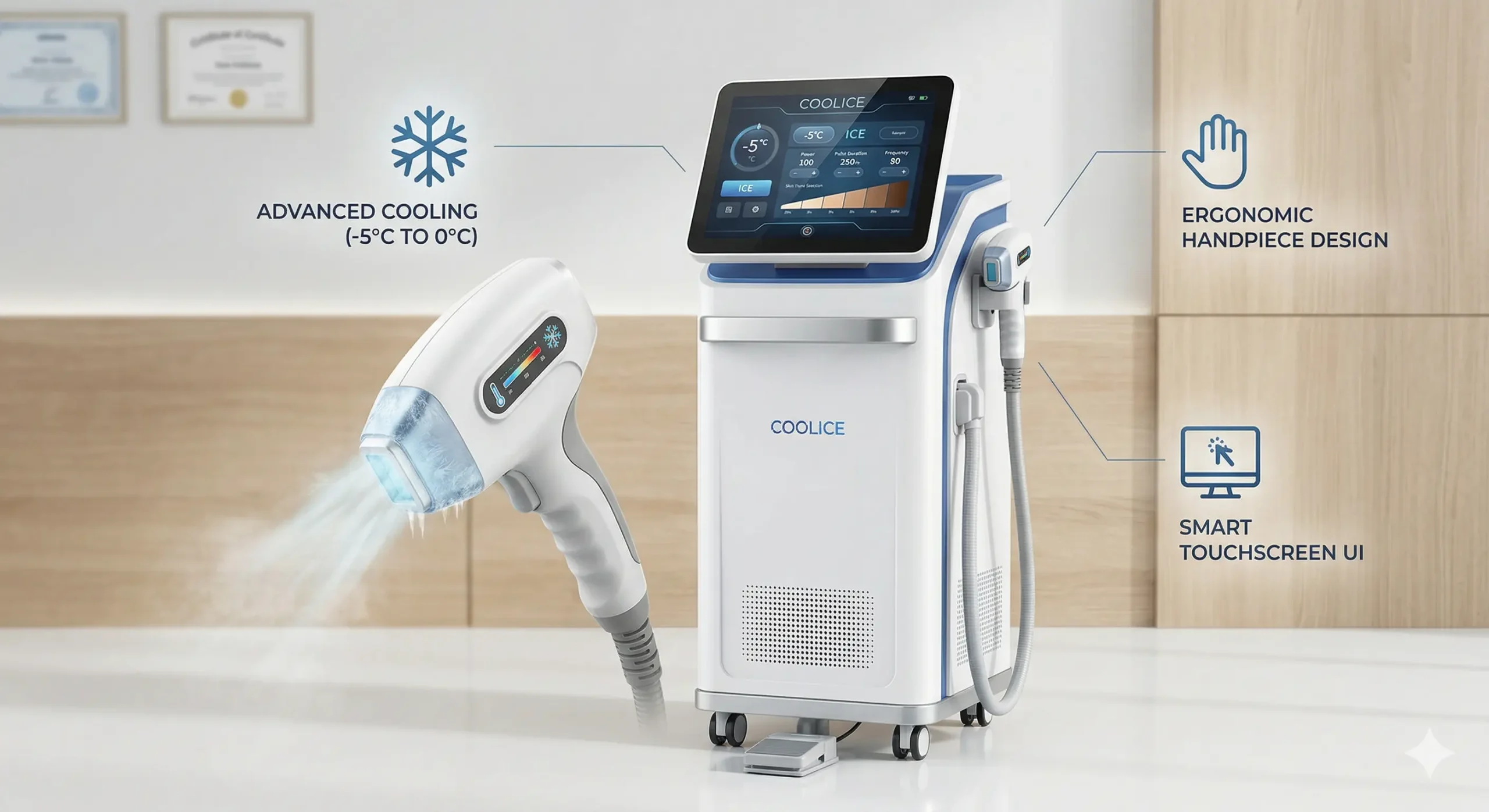 The 2026 Ultimate Guide to Diode Laser Hair Removal: Why the Coolice System is the Industry Gold Standard 1 The modern Coolice Diode Laser system, showcasing its integrated ice-touch cooling applicator and user-friendly console design.