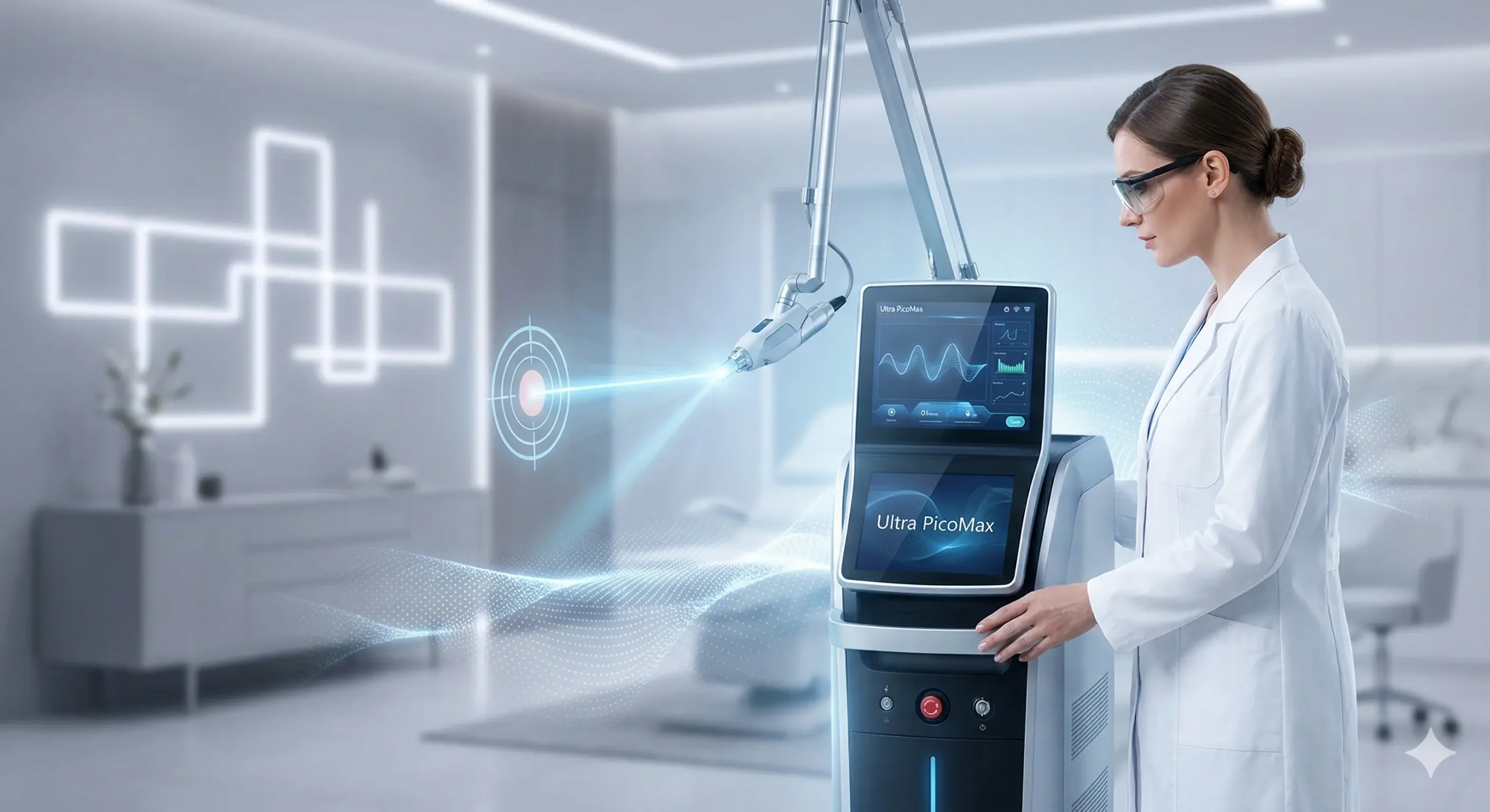 Unveiling the Power of Ultra PicoMax: The Future of Advanced Skin Rejuvenation 1 Ultra PicoMax picosecond laser machine in an aesthetic clinic