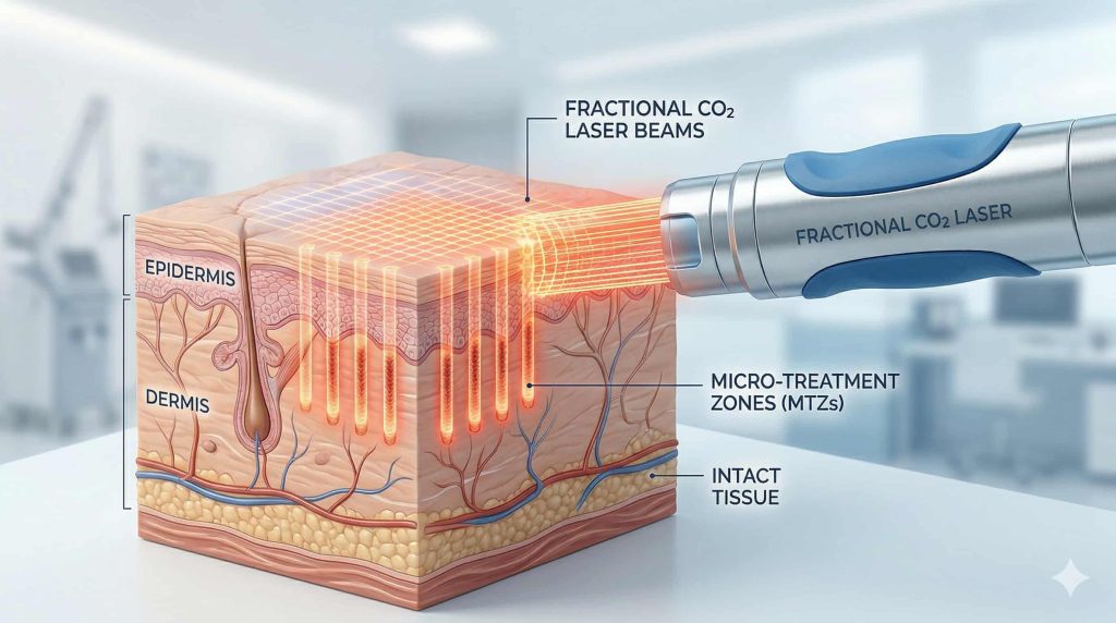 The Ultimate Guide to Professional Fractional CO2 Laser Machines: Clinical Efficacy, Mechanisms, and B2B Investment Analysis | Cocoon Laser | High resolution professional medical illustration showing a fractional CO2 laser handpiece treating skin tissue