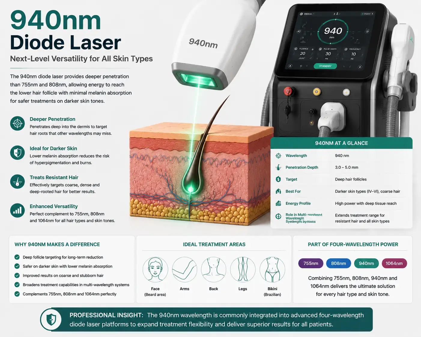 940nm diode laser wavelength in professional multi-wavelength hair removal systems