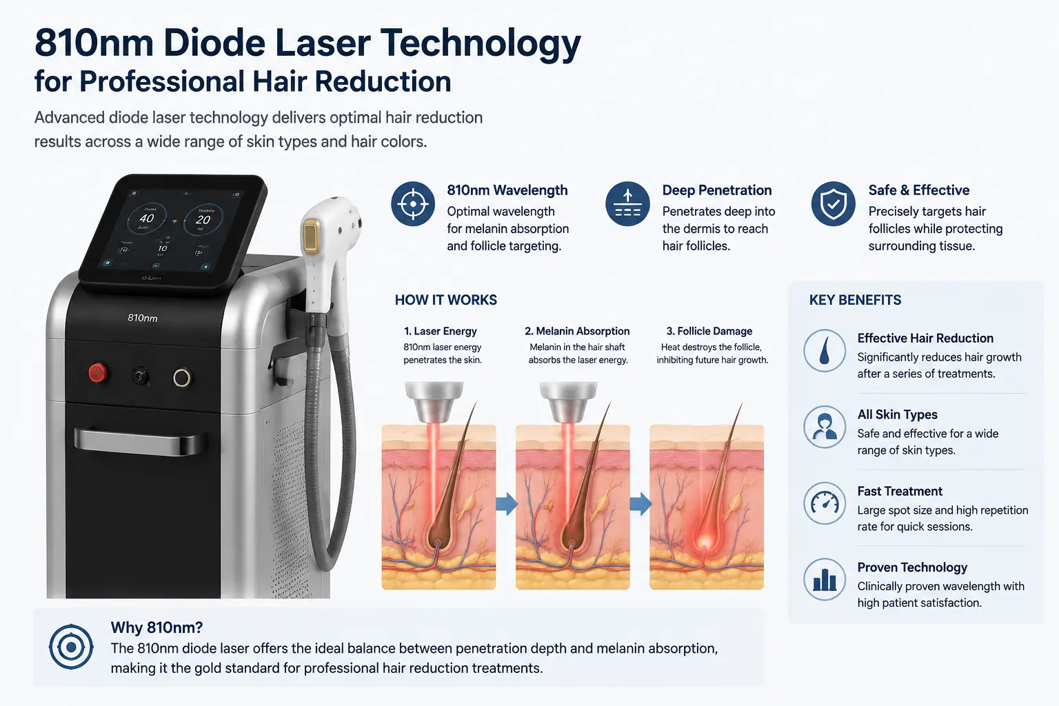 Hair Reduction Technology Comparison: Diode Laser vs Alexandrite vs Nd:YAG 4 810nm diode laser technology for professional hair reduction treatments