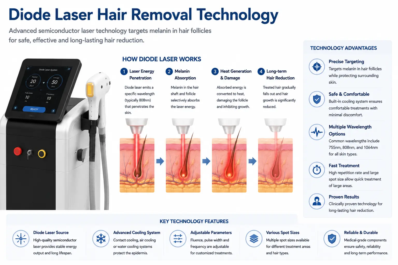 Diode laser hair removal technology using laser energy to target hair follicles
