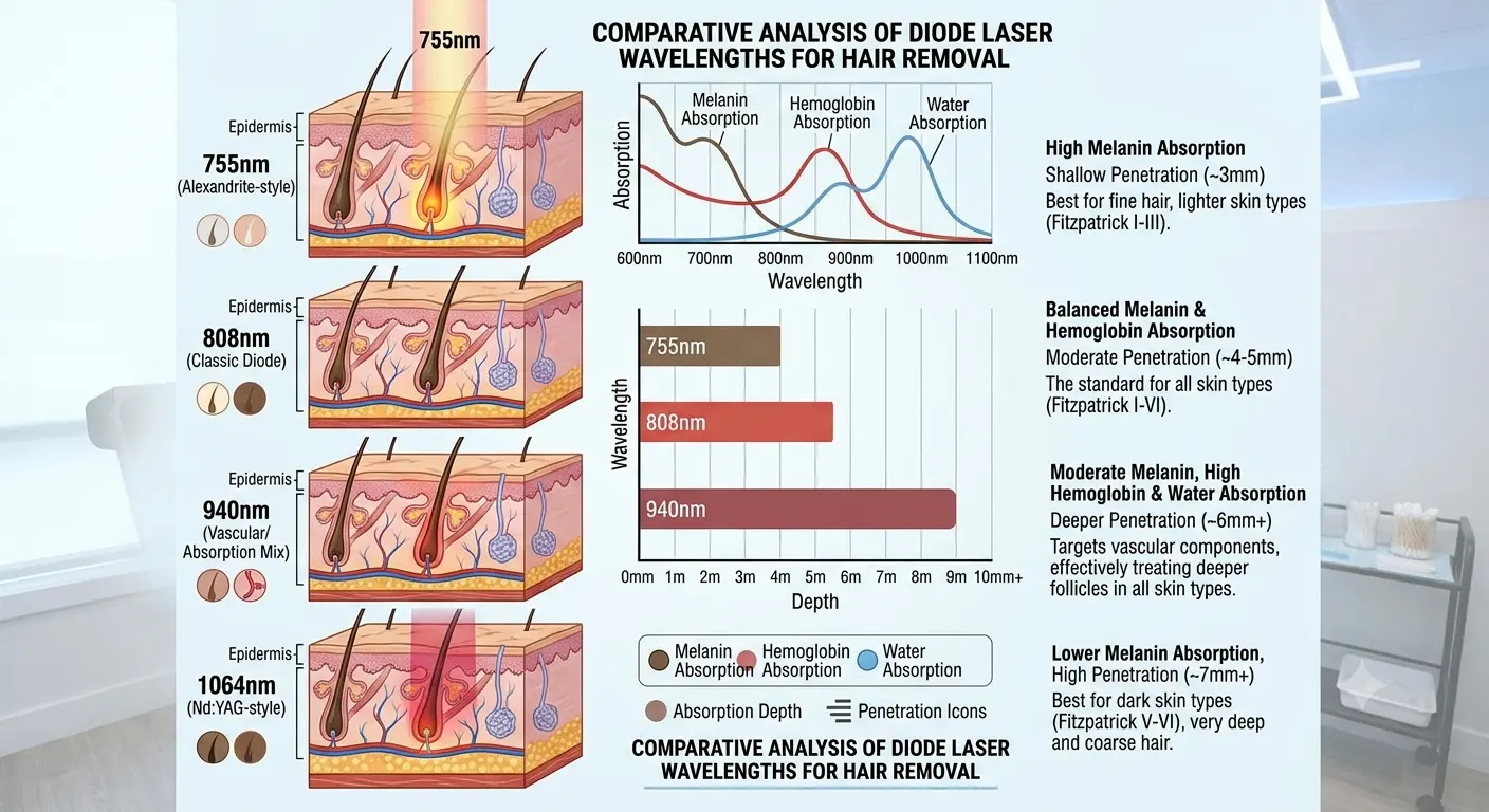 Diode Laser Technology: Complete Guide for Professional Hair Reduction 5 Comparison of 755nm 808nm 940nm and 1064nm diode laser wavelengths