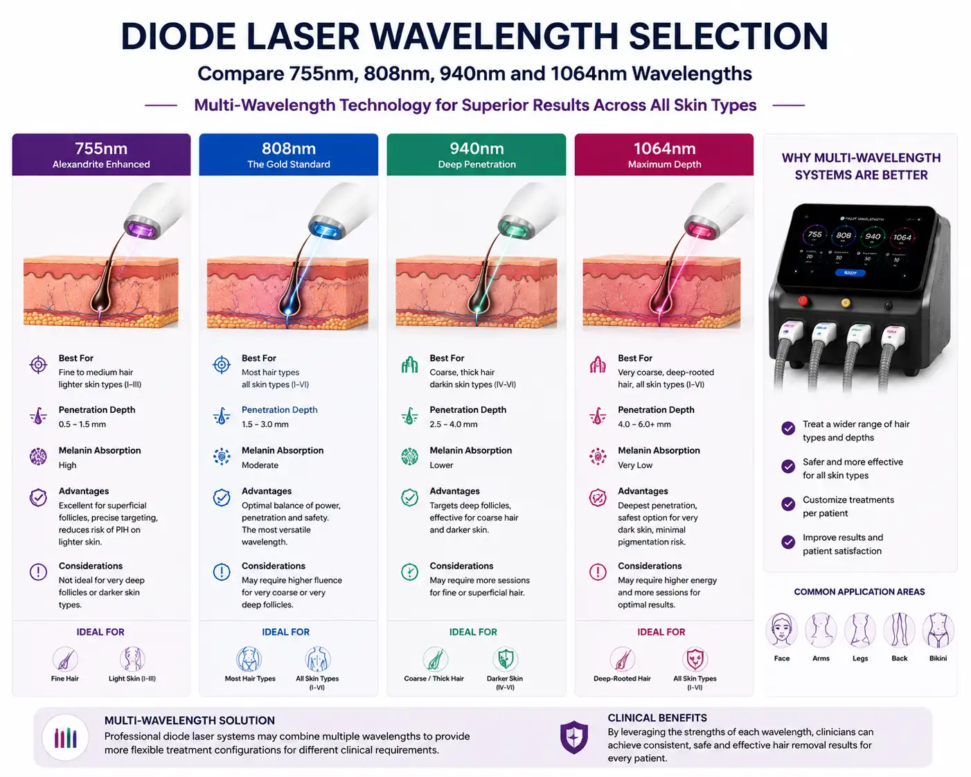 Comparison of 755nm 808nm 940nm and 1064nm diode laser wavelengths