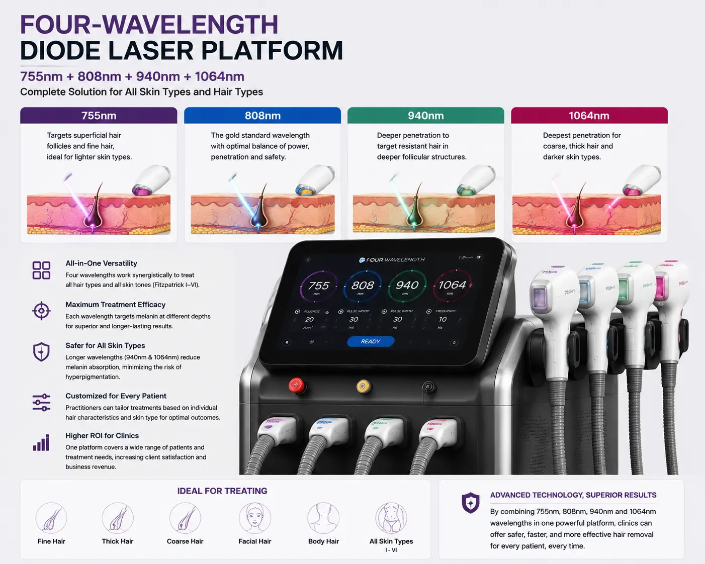 Four wavelength diode laser platform combining 755nm 808nm 940nm and 1064nm