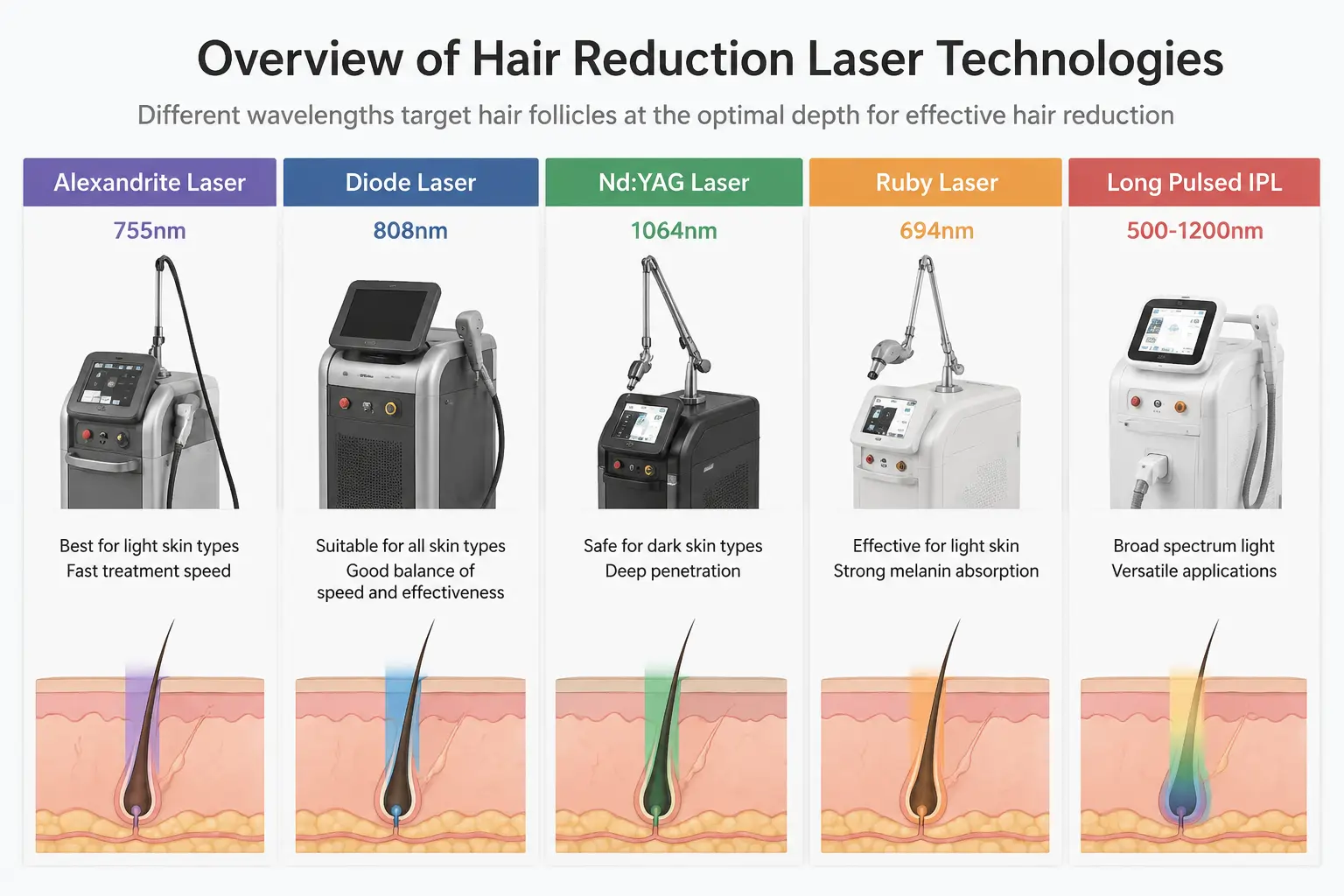 Hair Reduction Technology Comparison: Diode Laser vs Alexandrite vs Nd:YAG 2 Overview of different hair reduction laser technologies