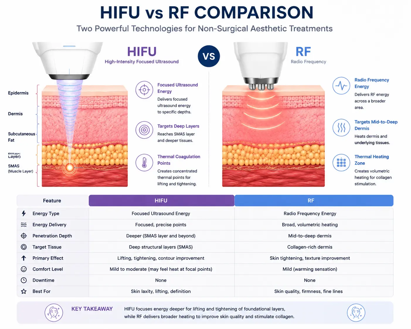 HIFU vs RF: What's The Difference? Complete Technology Comparison 4 HIFU vs RF technology comparison for aesthetic treatments