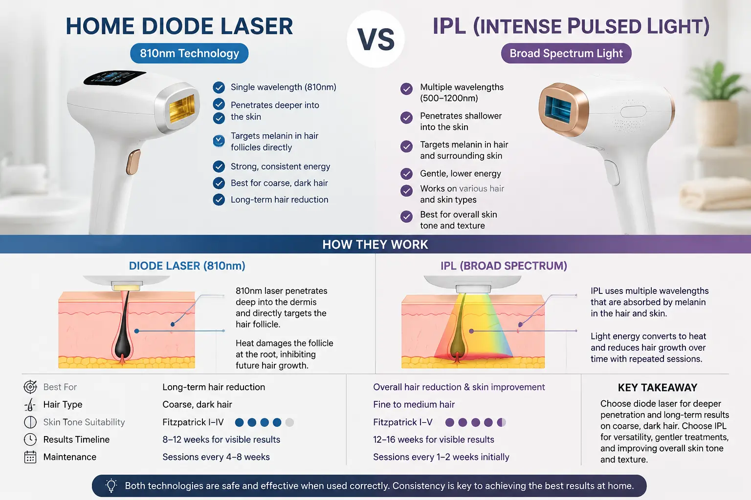 Home diode laser vs IPL comparison showing how each technology targets hair follicles