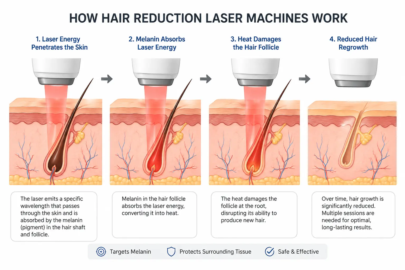 How Do Hair Reduction Laser Machines Work? 2 Diagram showing how a hair reduction laser machine delivers light energy into a hair follicle