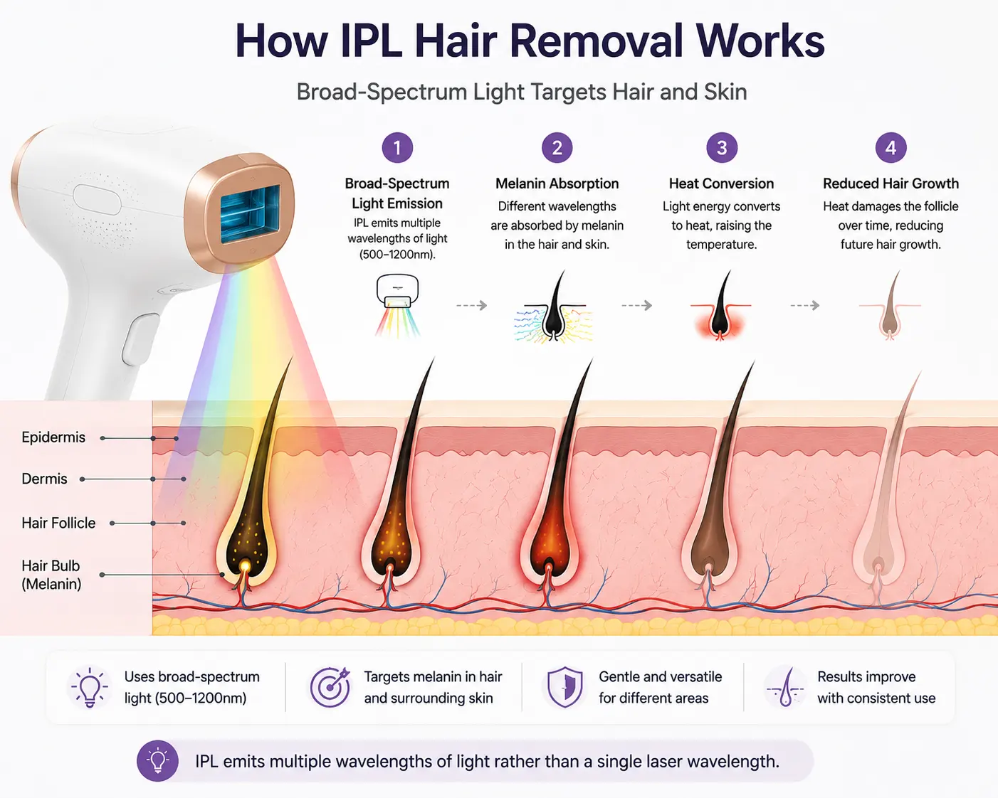 Illustration explaining how IPL targets hair follicles using broad-spectrum light