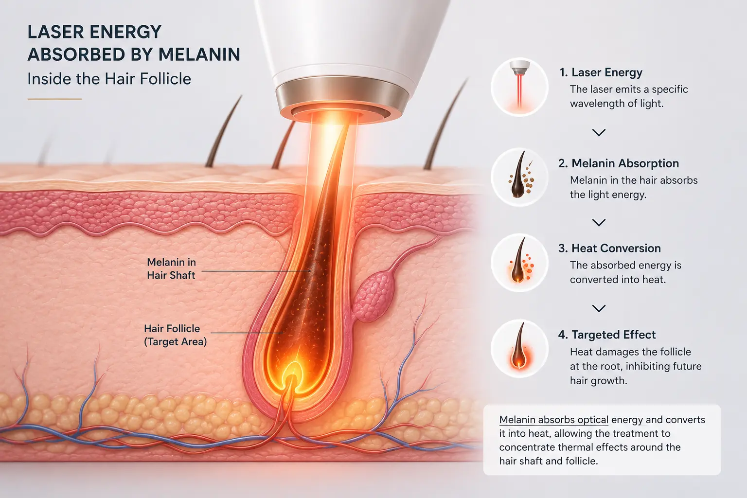 How Do Hair Reduction Laser Machines Work? 3 Laser energy absorbed by melanin and converted into heat inside the hair follicle