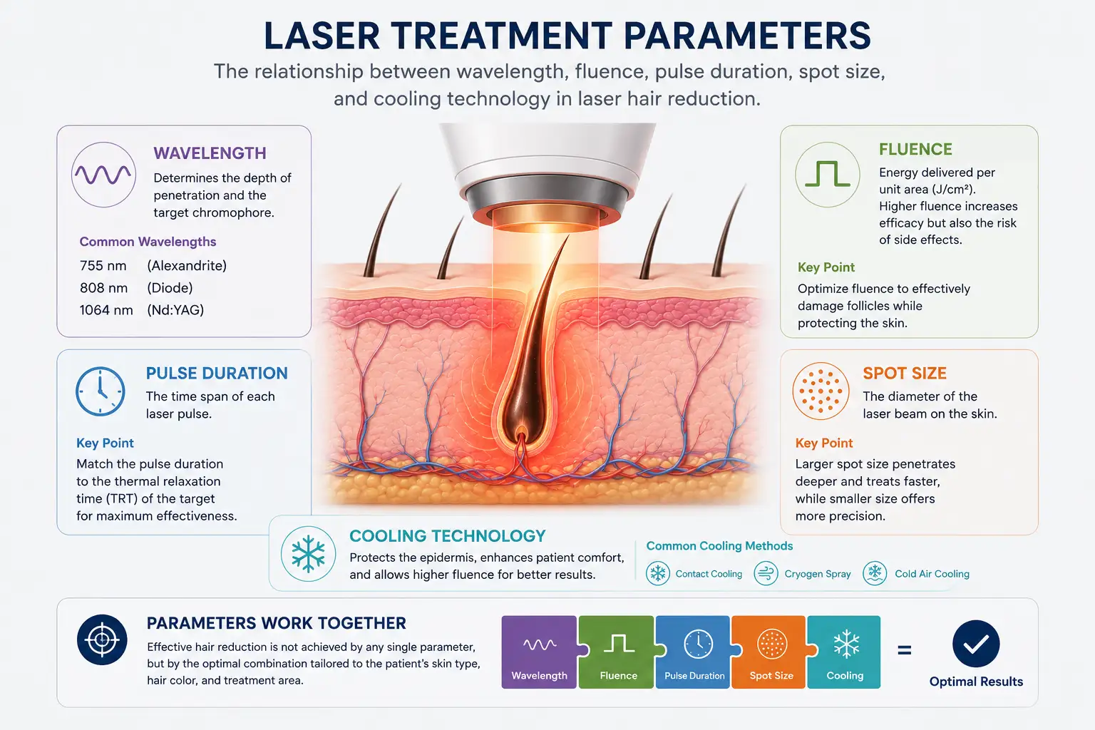 How Do Hair Reduction Laser Machines Work? 6 Relationship between wavelength fluence pulse duration spot size and cooling in laser hair reduction