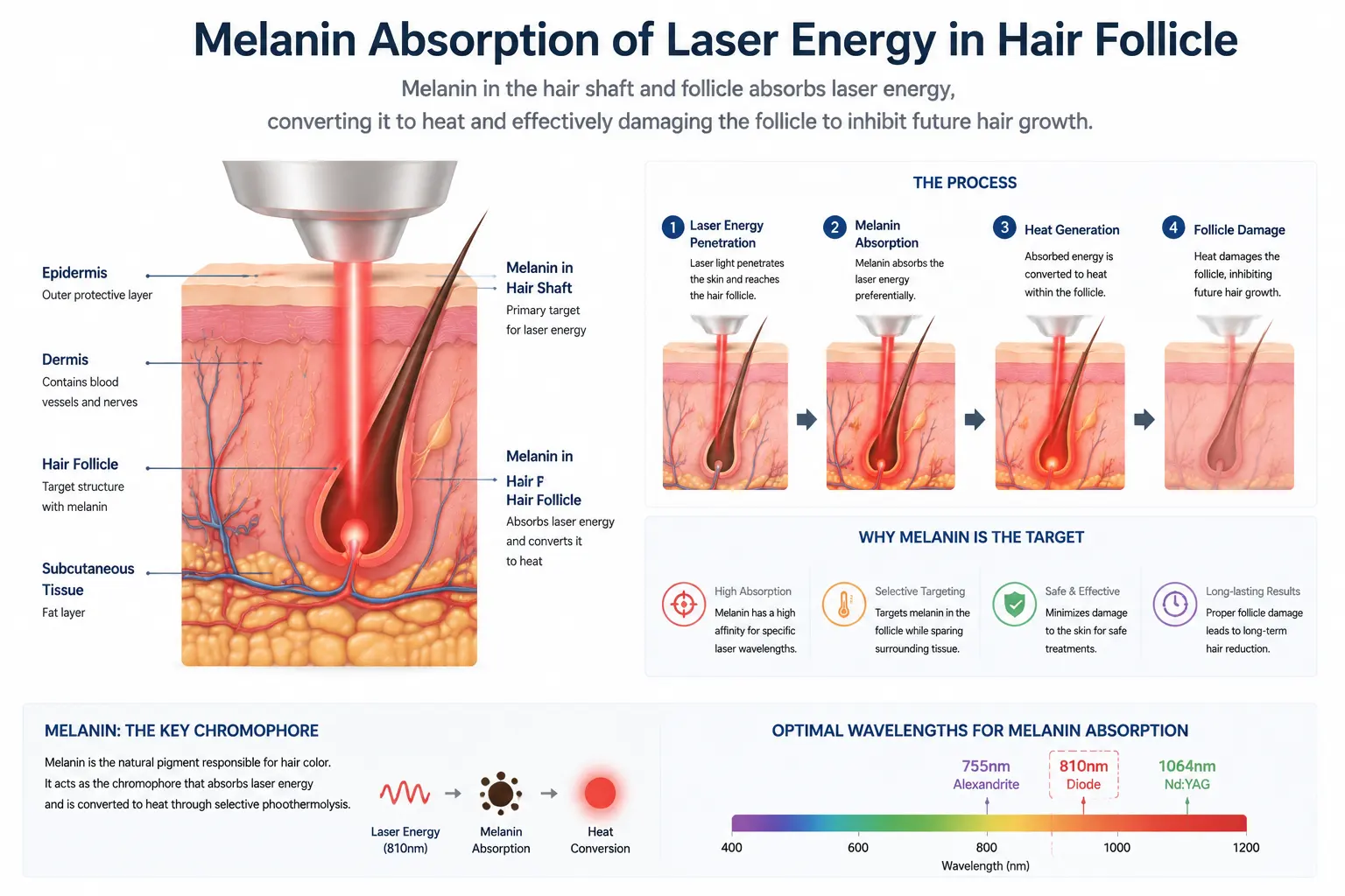 What Is Selective Photothermolysis? 5 Melanin absorption of laser energy in hair follicle during laser hair removal