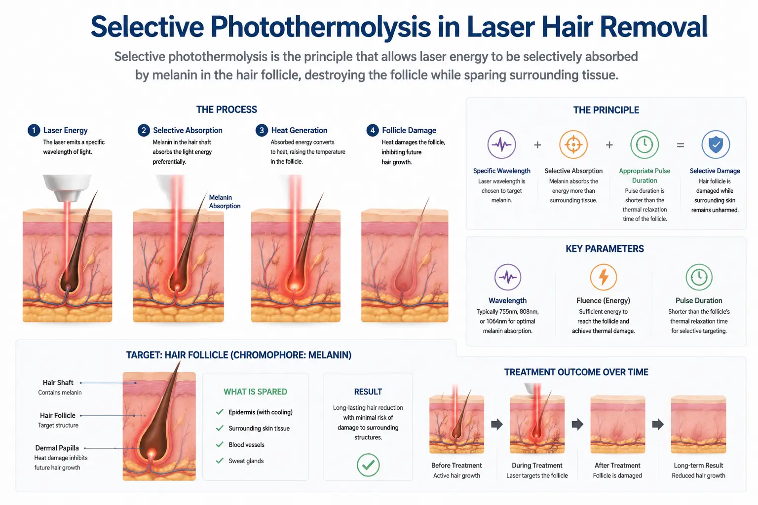 What Is Selective Photothermolysis? 4 Selective photothermolysis process in laser hair removal targeting hair follicles