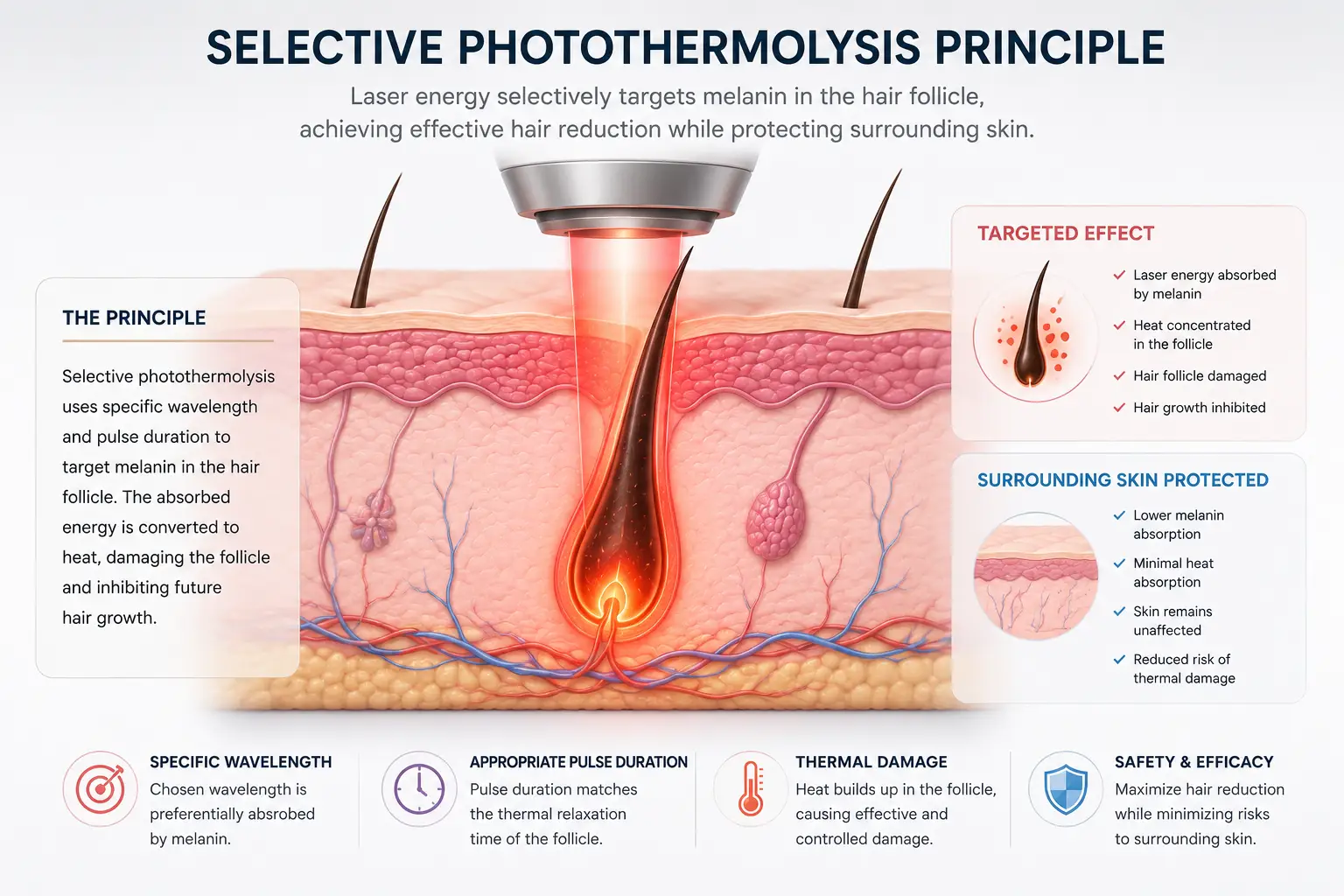 How Do Hair Reduction Laser Machines Work? 4 Illustration of selective photothermolysis targeting melanin inside a hair follicle