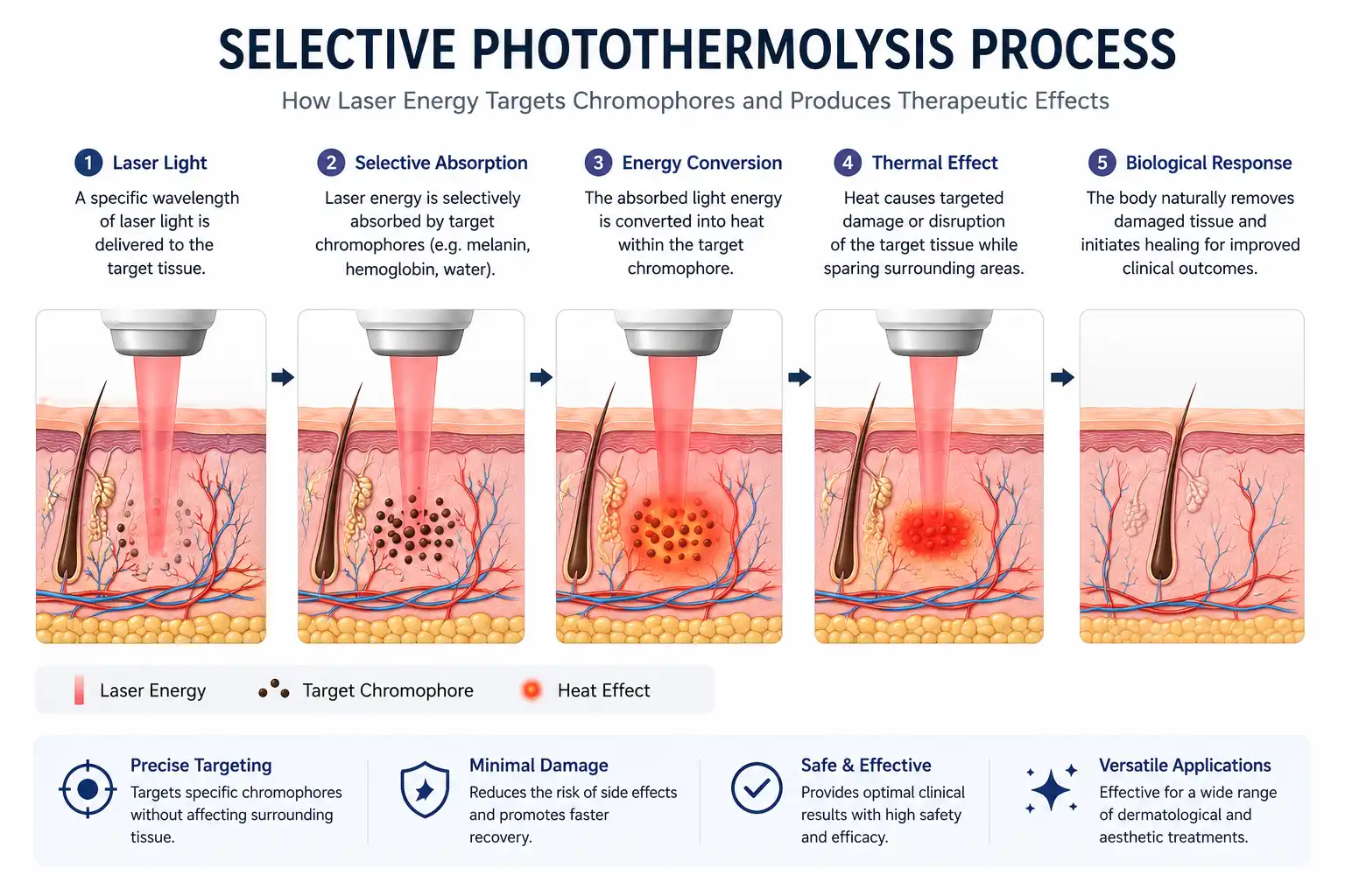 What Is Selective Photothermolysis? 3 Laser light absorbed by chromophores and converted into heat during selective photothermolysis