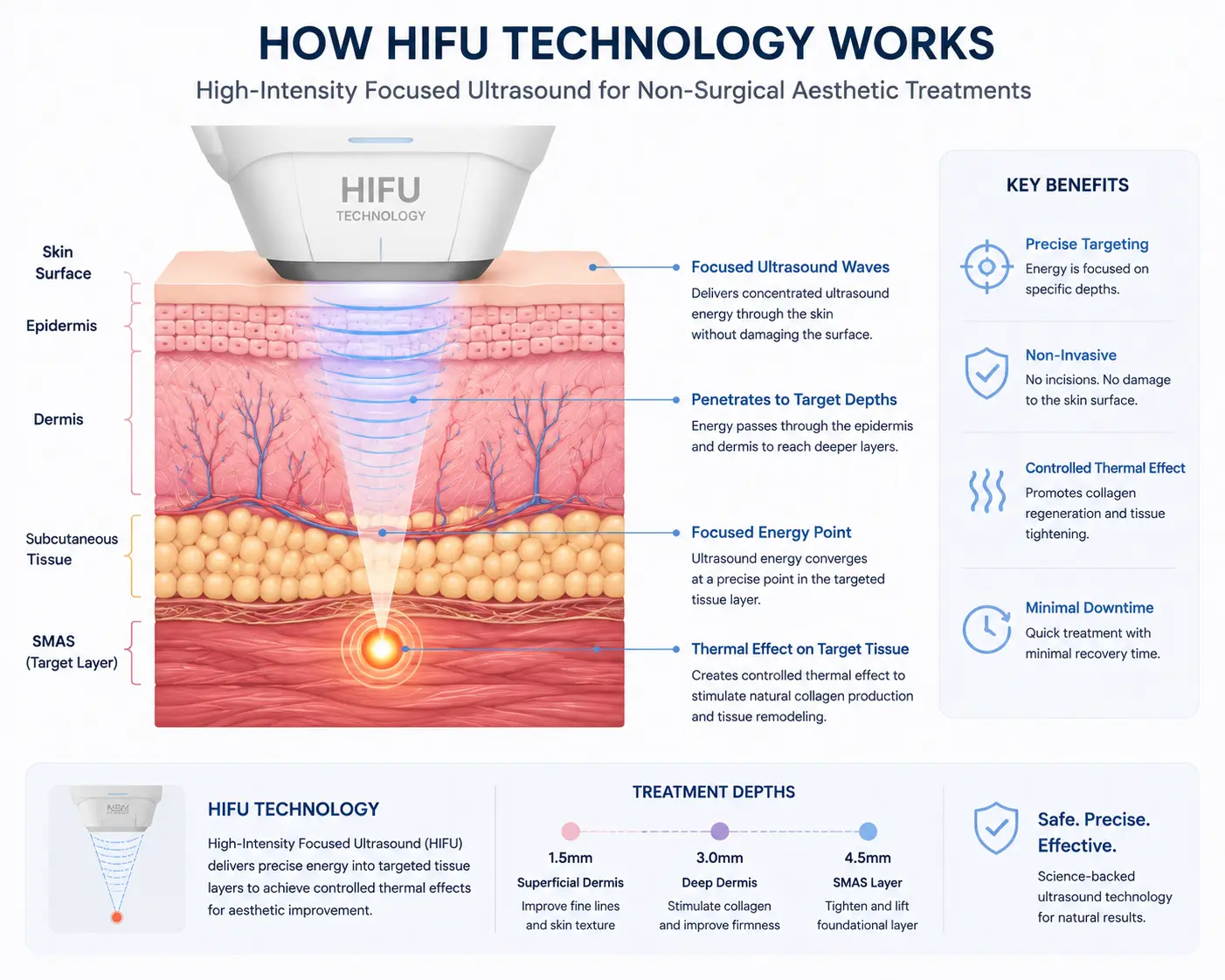 HIFU vs RF: What's The Difference? Complete Technology Comparison 2 HIFU technology using focused ultrasound energy for aesthetic treatments