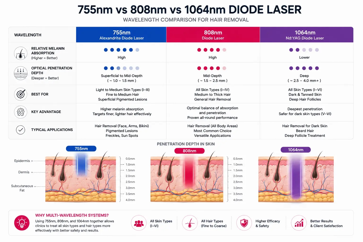 755nm vs 808nm vs 1064nm diode laser wavelength comparison