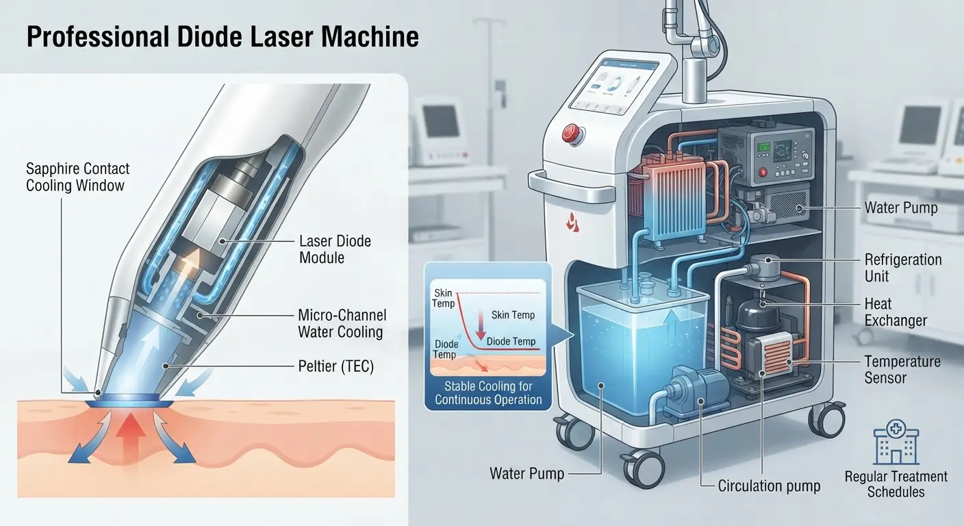 Professional diode laser hair removal machine cooling system and handpiece