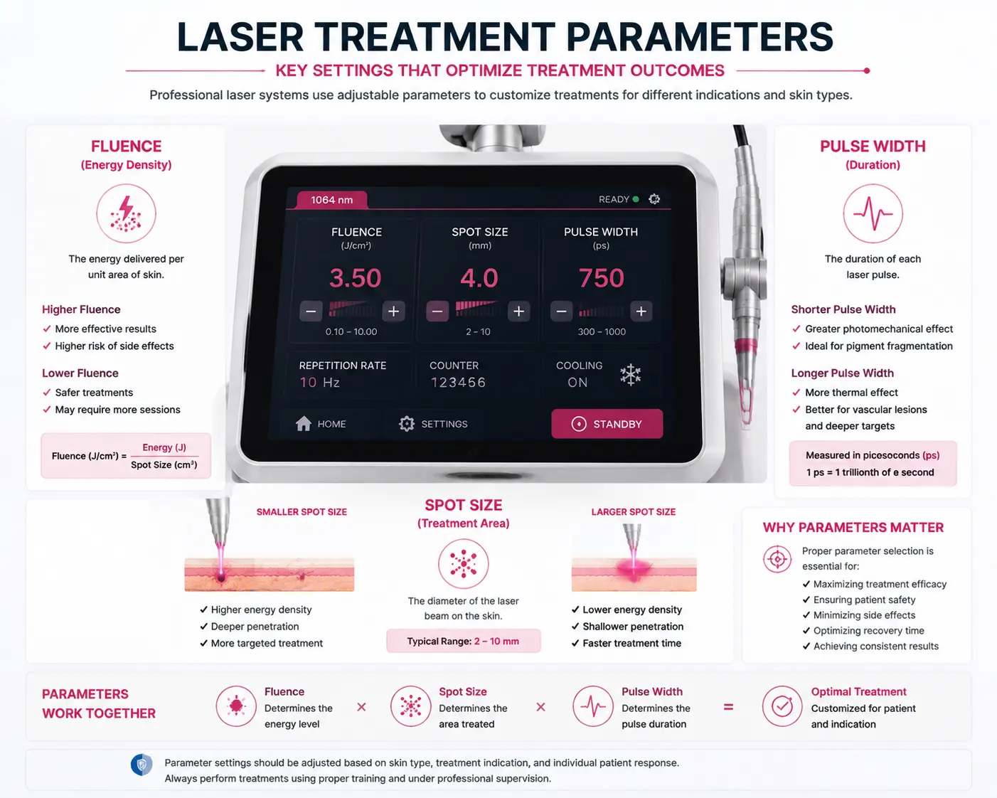 Laser treatment parameters including fluence spot size and pulse width