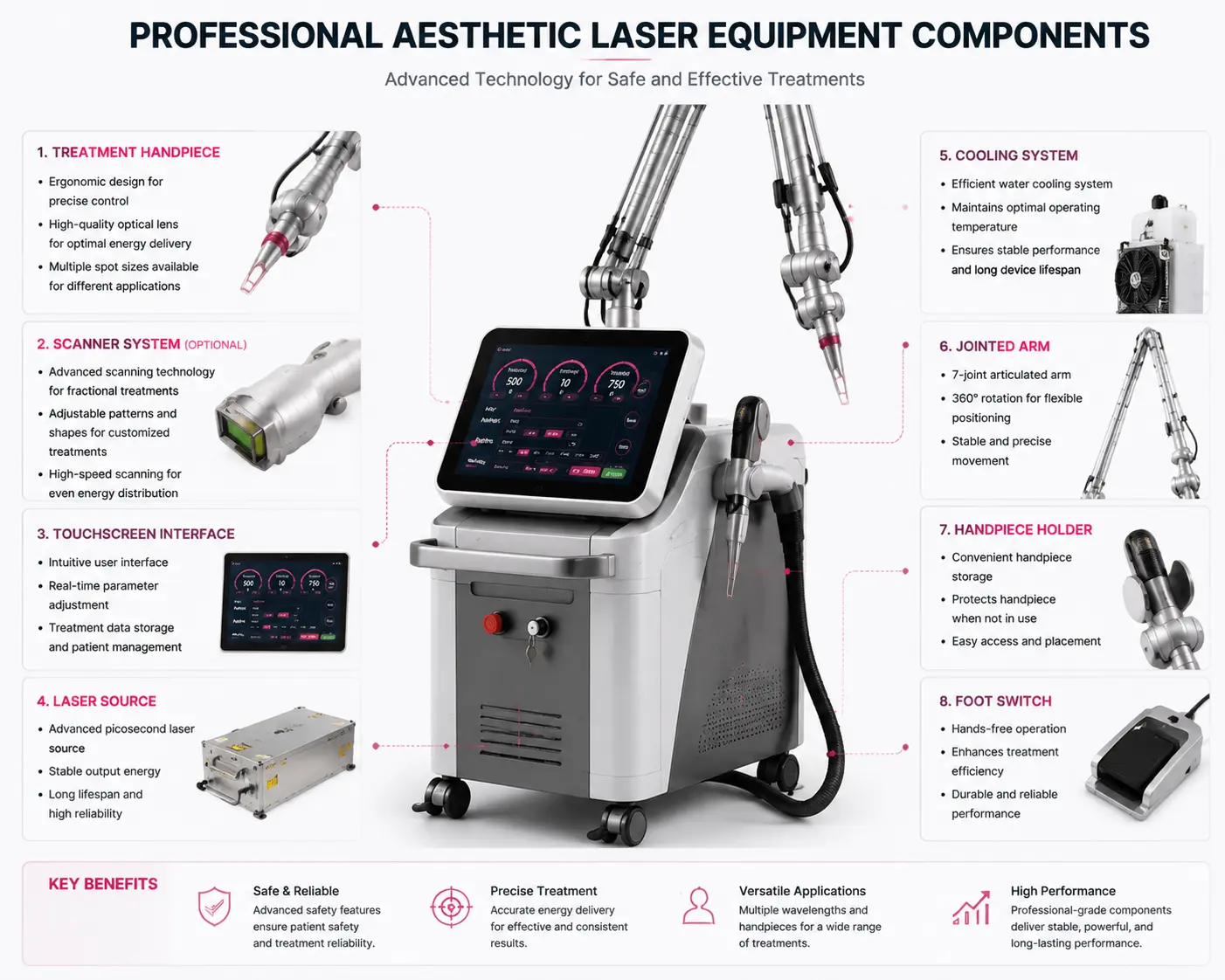 Professional aesthetic laser equipment components including handpiece scanner and laser system