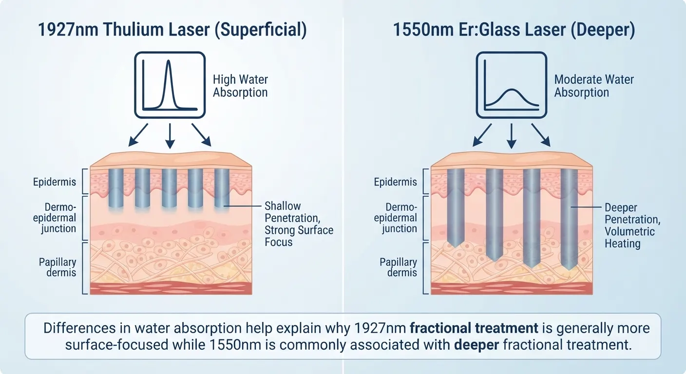 Confronto tra l'assorbimento d'acqua e la profondità di trattamento cutaneo dei laser a 1927 nm e 1550 nm.