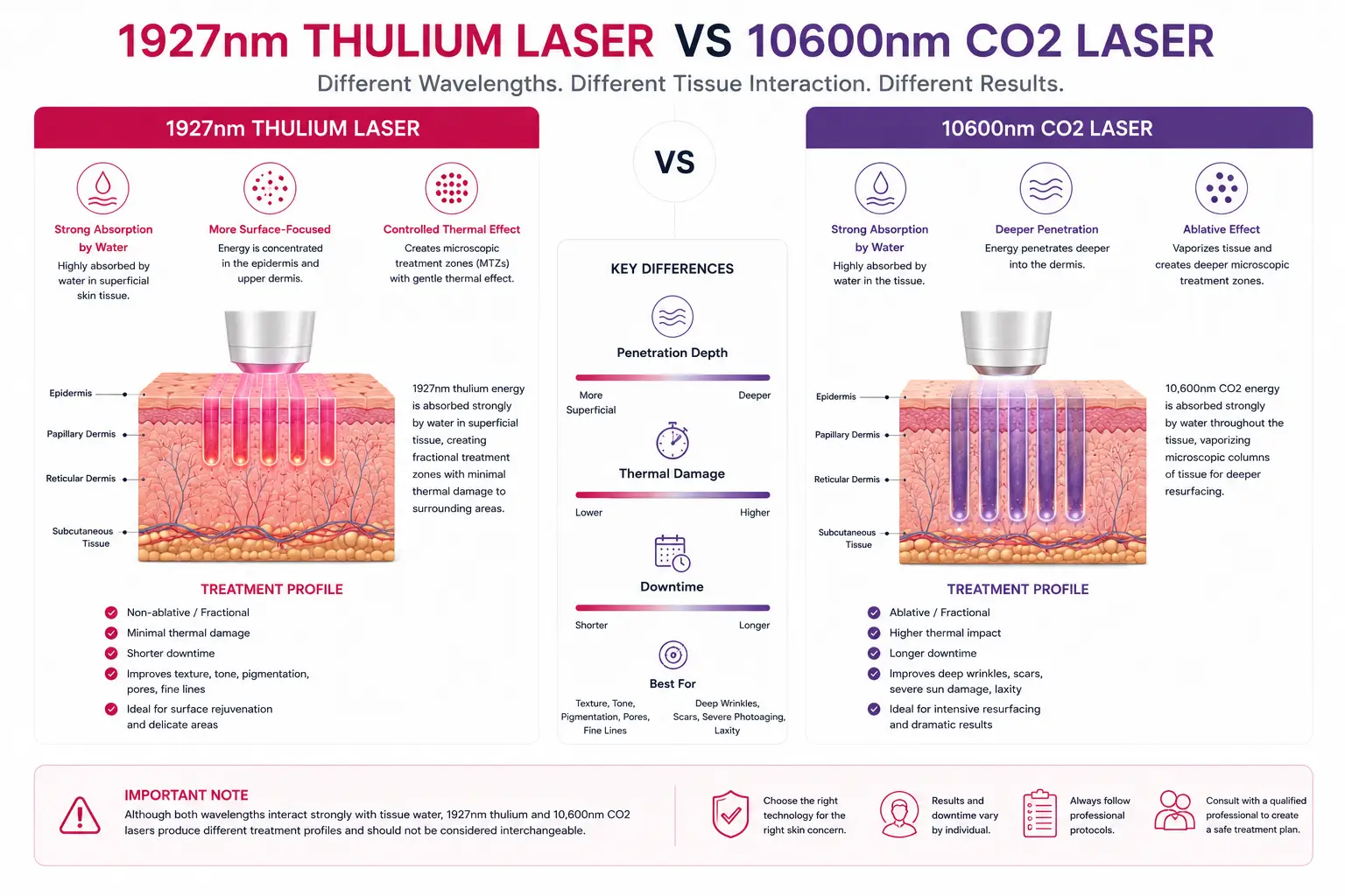 1927nm thulium laser vs 10600nm CO2 laser skin tissue interaction comparison