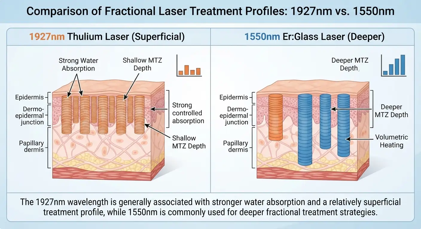 Confronto tra laser frazionati a 1927 nm e a 1550 nm che mostra profili di trattamento superficiali e profondi.