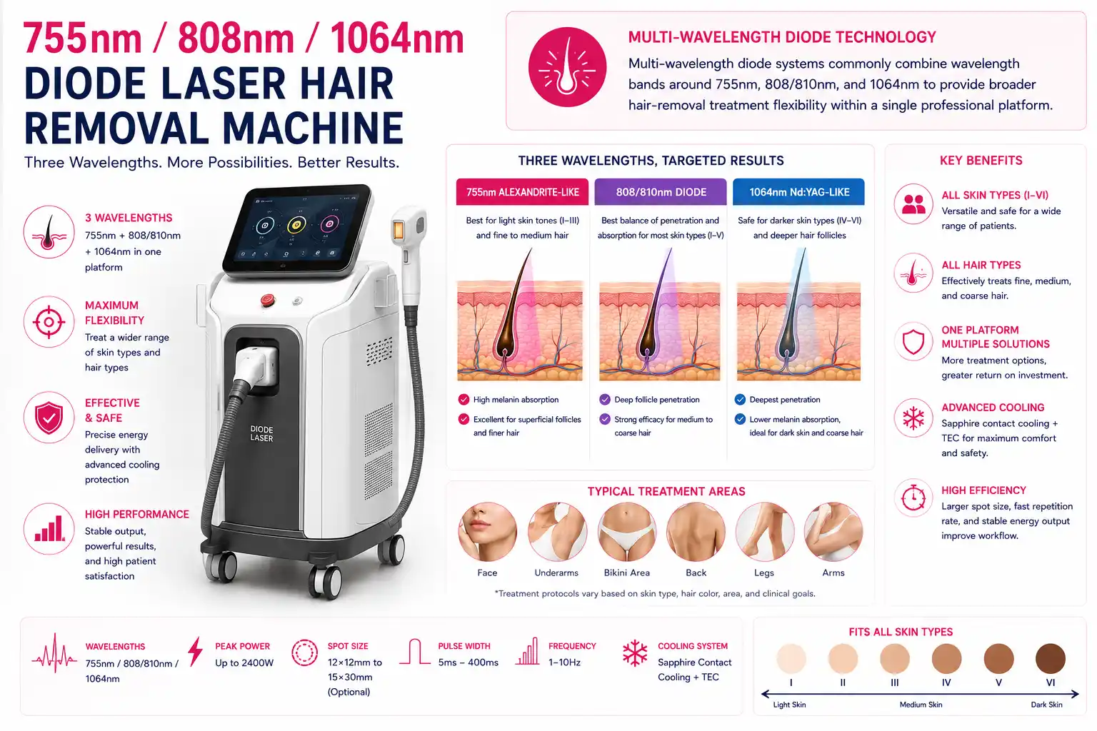 755nm 808nm 1064nm multi wavelength diode laser hair removal machine