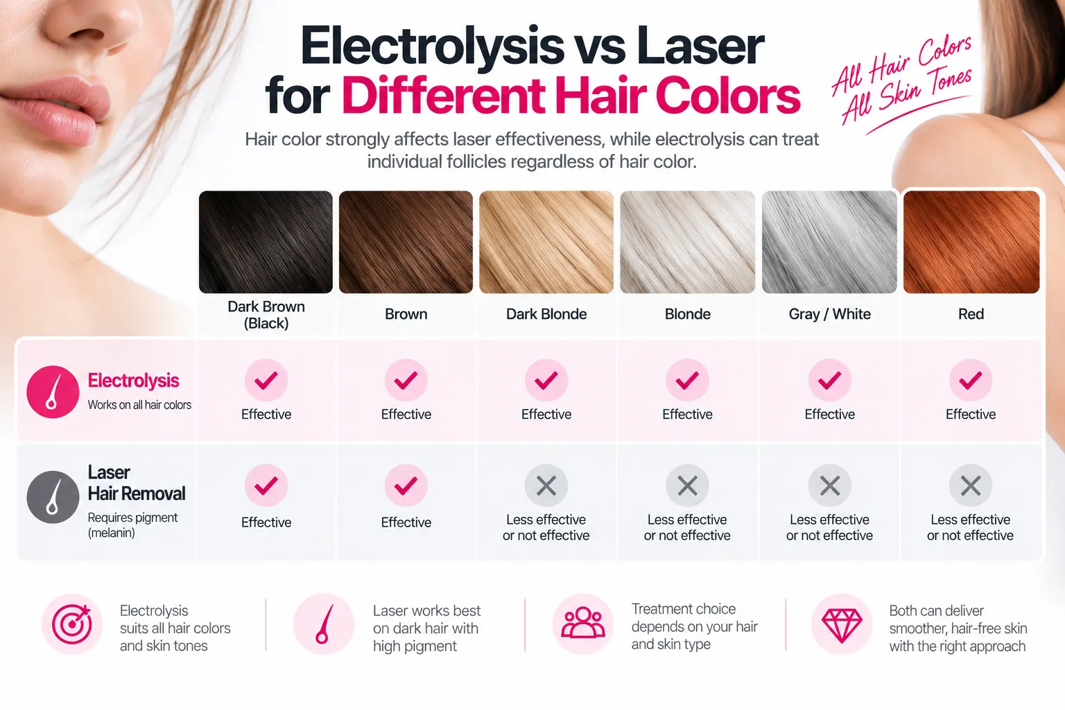 Electrolysis vs laser hair removal for dark blonde gray white and red hair