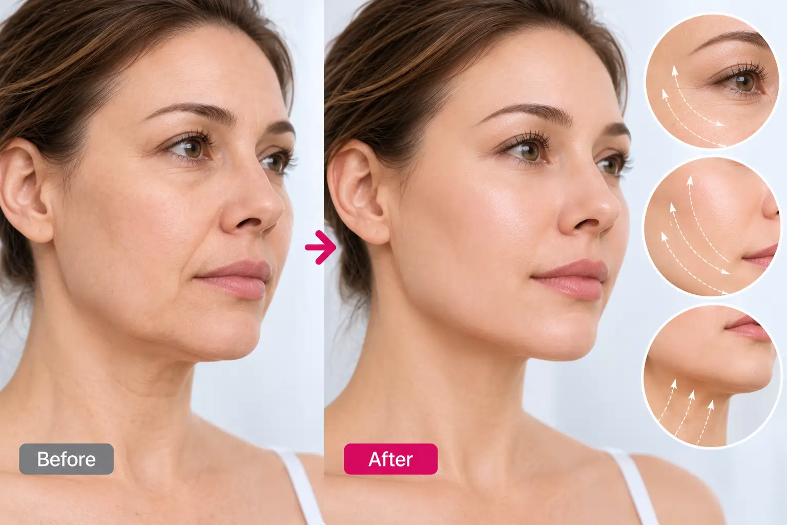 HIFU before and after face showing possible changes in skin tightening and facial contour
