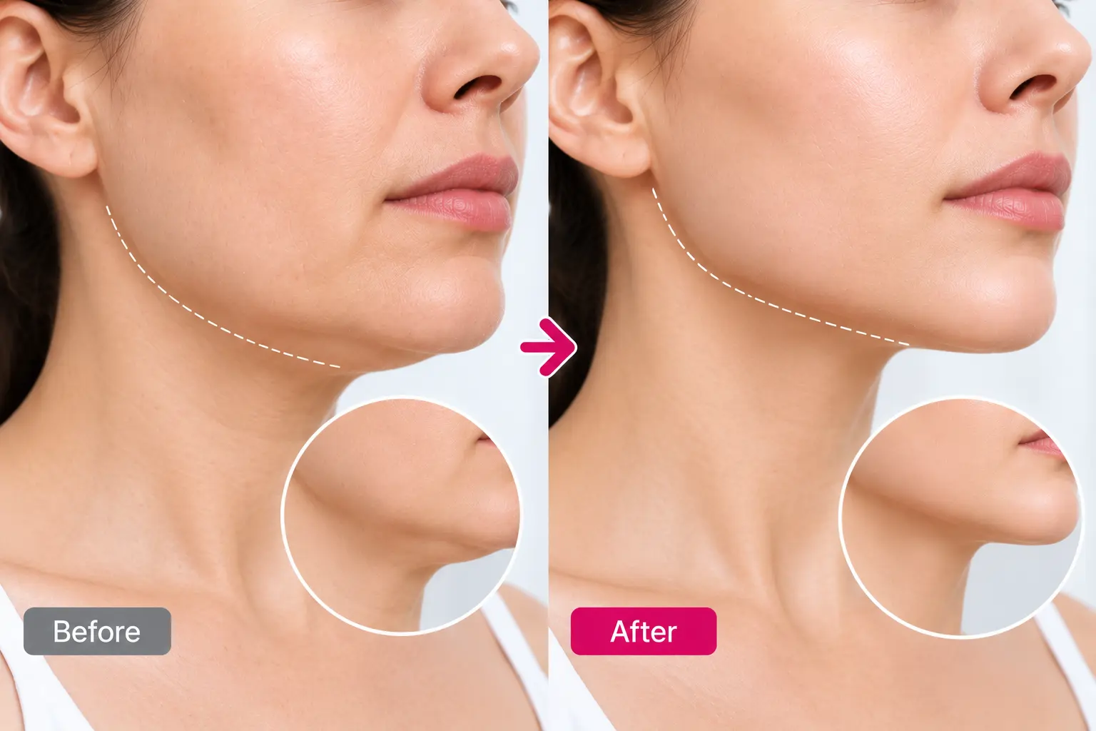 HIFU before and after jawline showing realistic lower face tightening and jawline definition