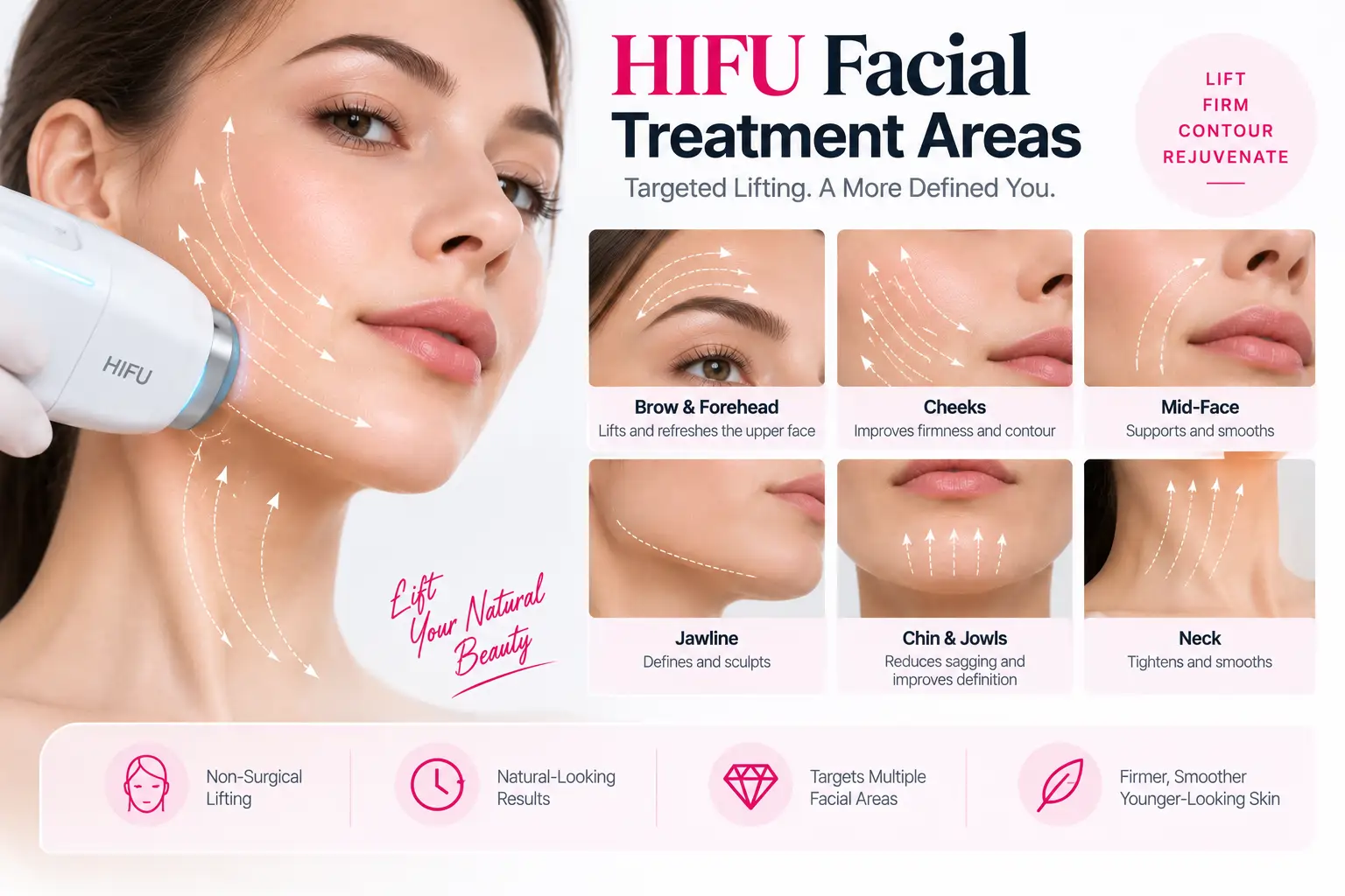 HIFU facial treatment areas including jawline jowls cheeks chin neck and brow