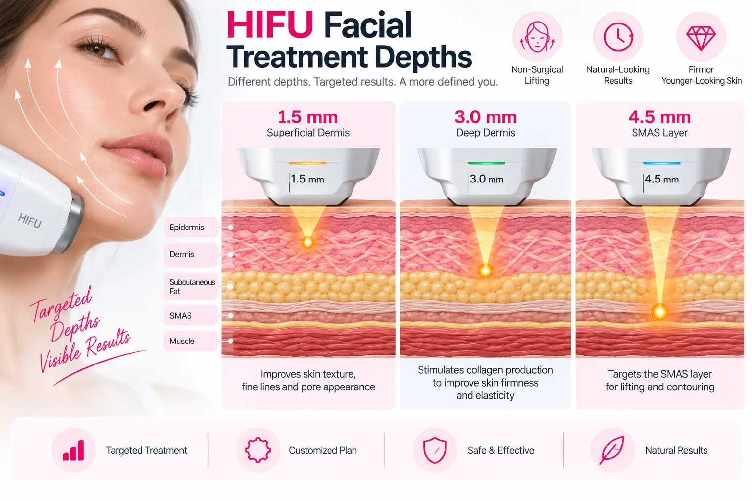 HIFU facial treatment depths 1.5 mm 3.0 mm and 4.5 mm diagram