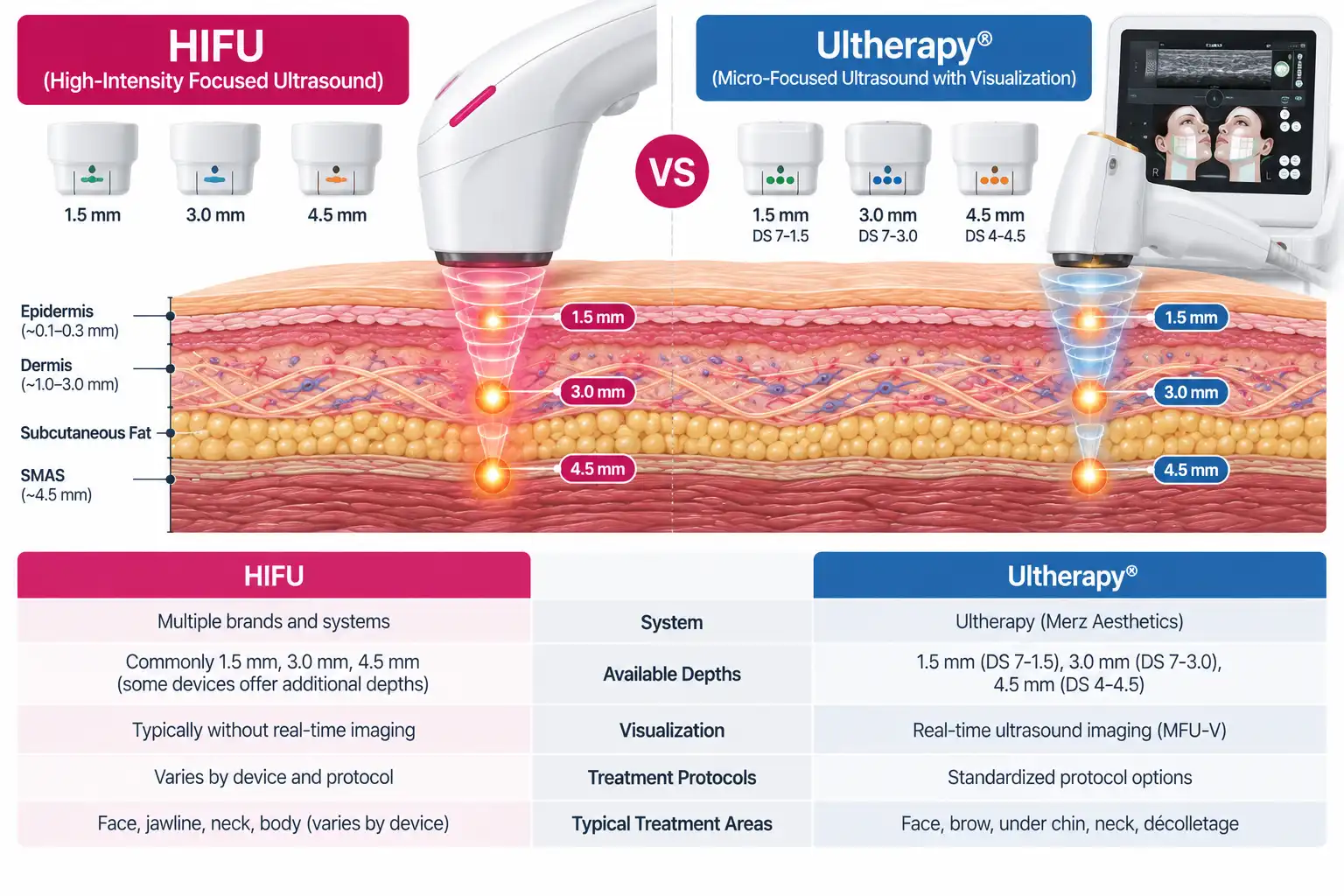 HIFU vs Ultherapy treatment depth comparison for facial skin tightening