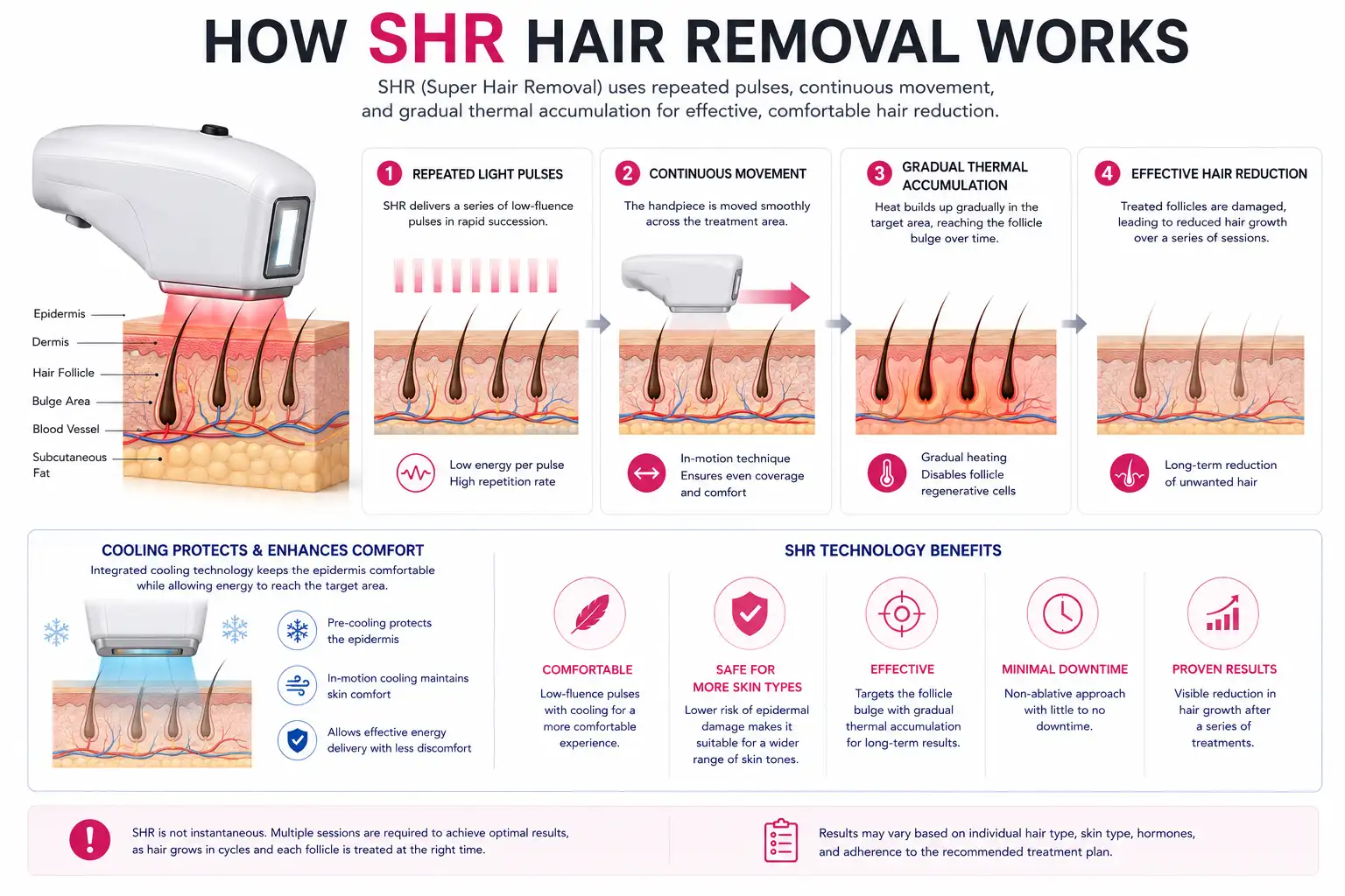 How SHR hair removal works with repeated pulses and gradual thermal accumulation