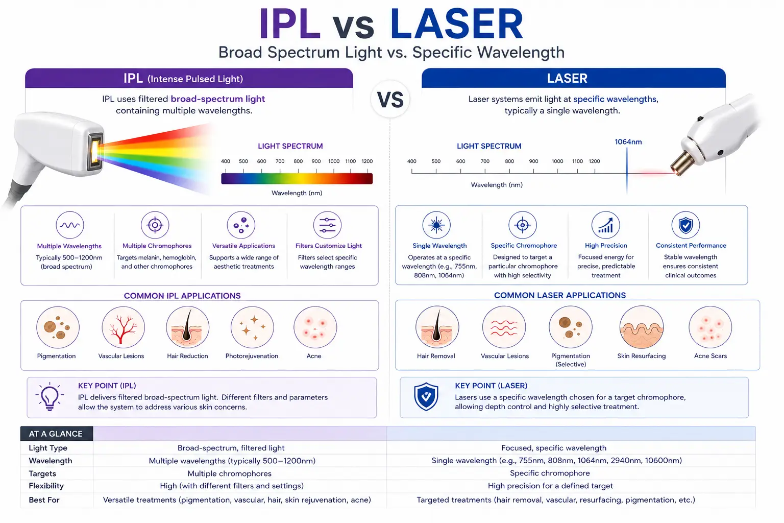 IPL vs laser broad spectrum light and specific wavelength comparison