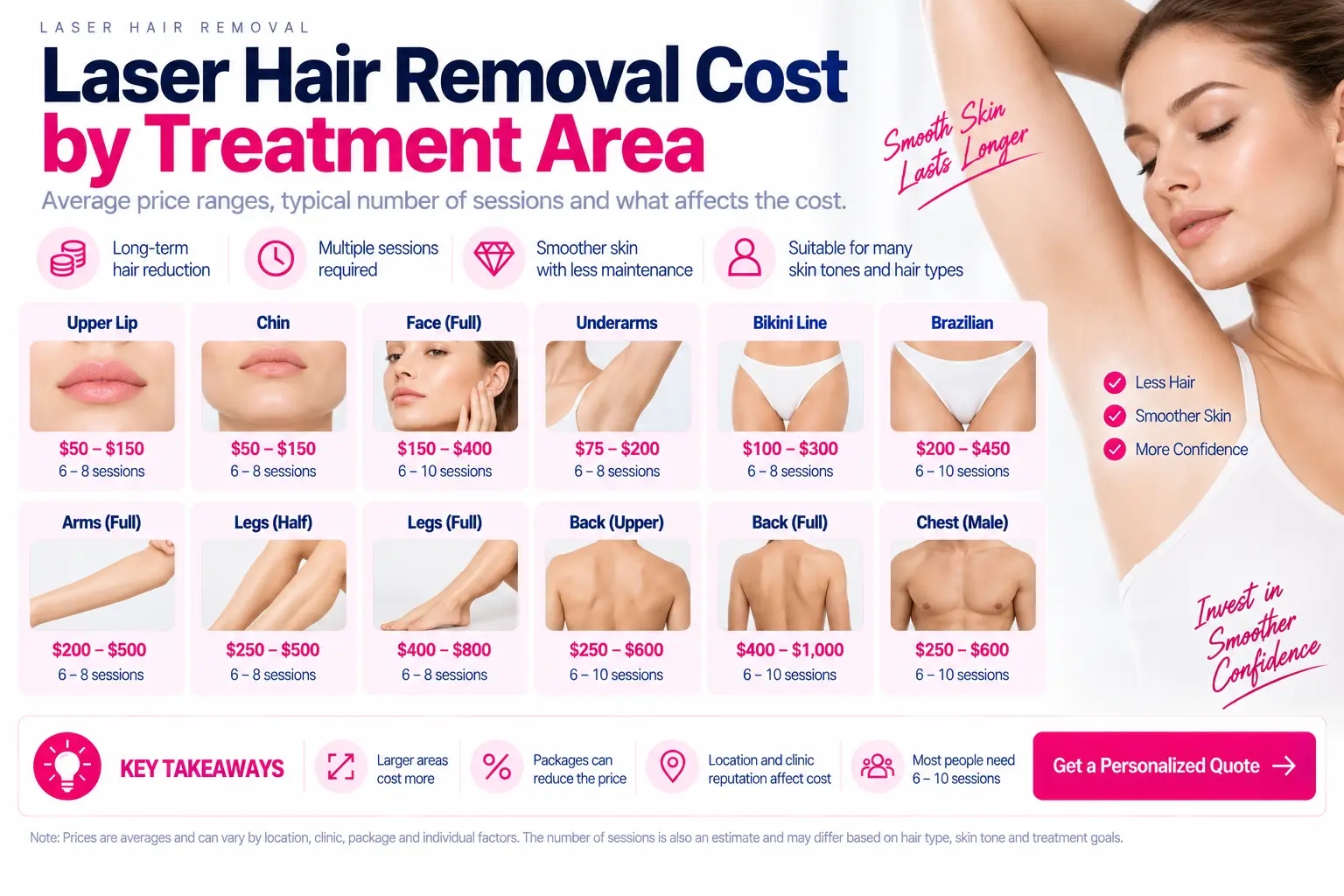 Average laser hair removal cost by treatment area