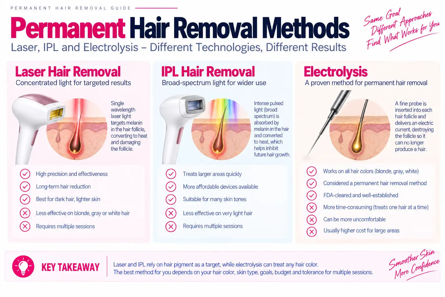 Permanent hair removal methods including laser IPL and electrolysis