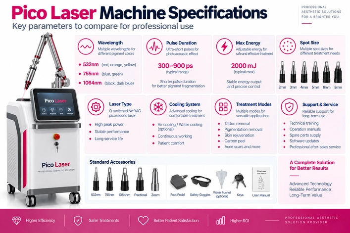 Professional pico laser machine specifications including wavelength pulse duration energy and spot size