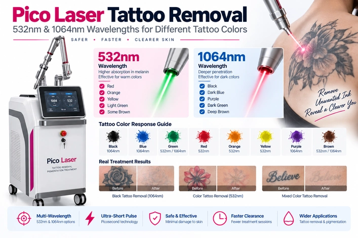 Pico laser tattoo removal machine using 532nm and 1064nm wavelengths