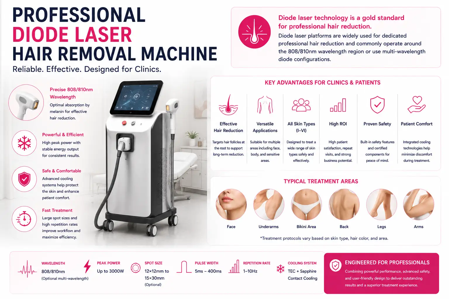 Professional diode laser hair removal machine for clinic treatments