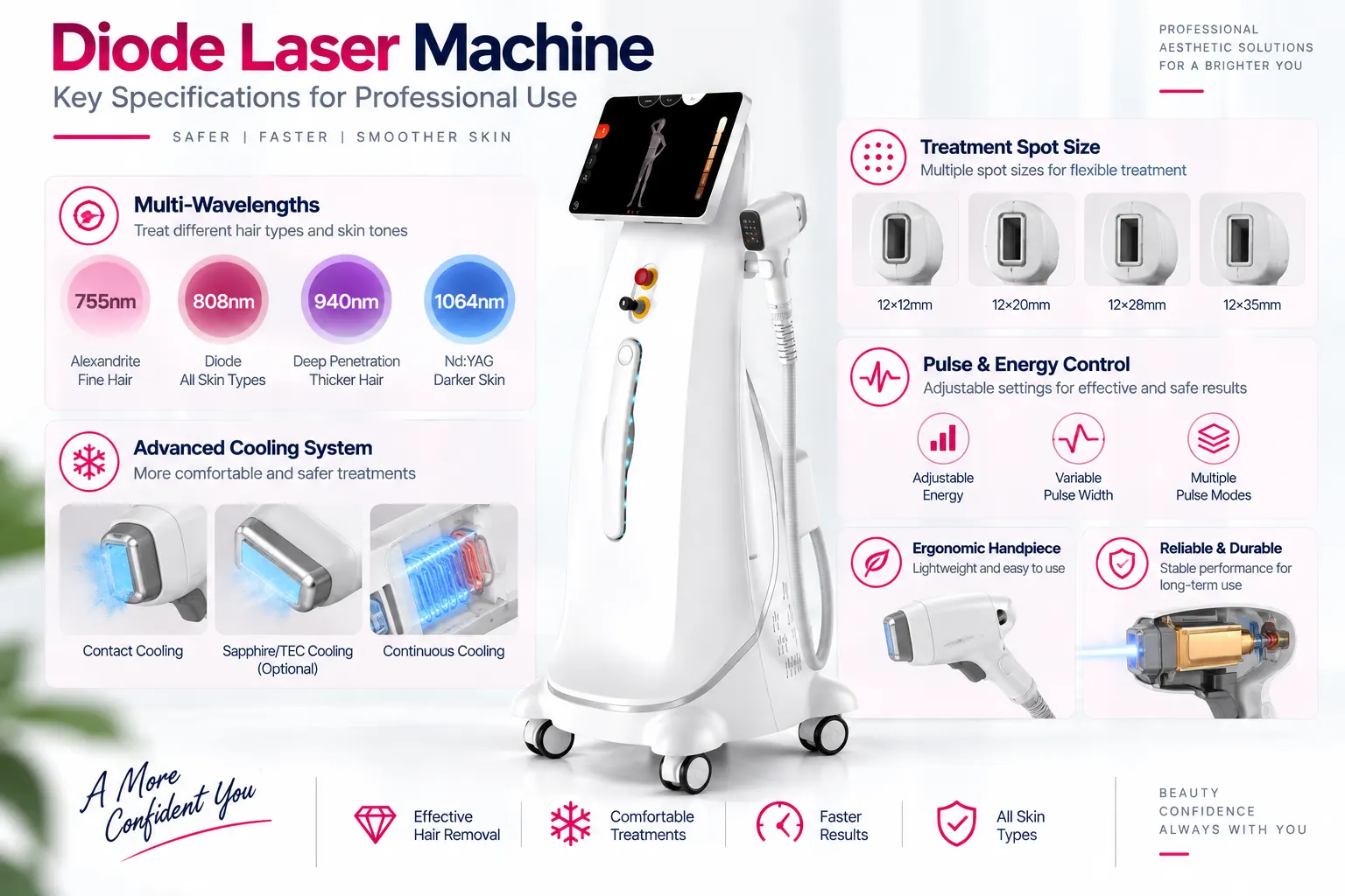 Professional diode laser hair removal machine wavelength cooling spot size and handpiece comparison