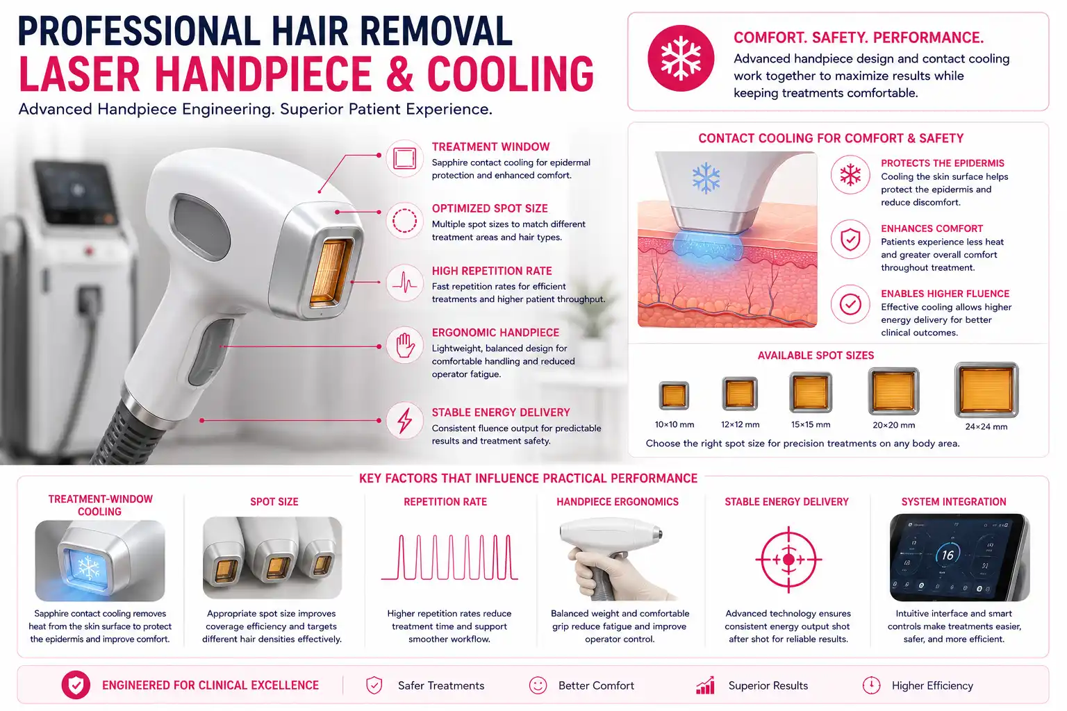 Professional laser hair removal machine handpiece with contact cooling