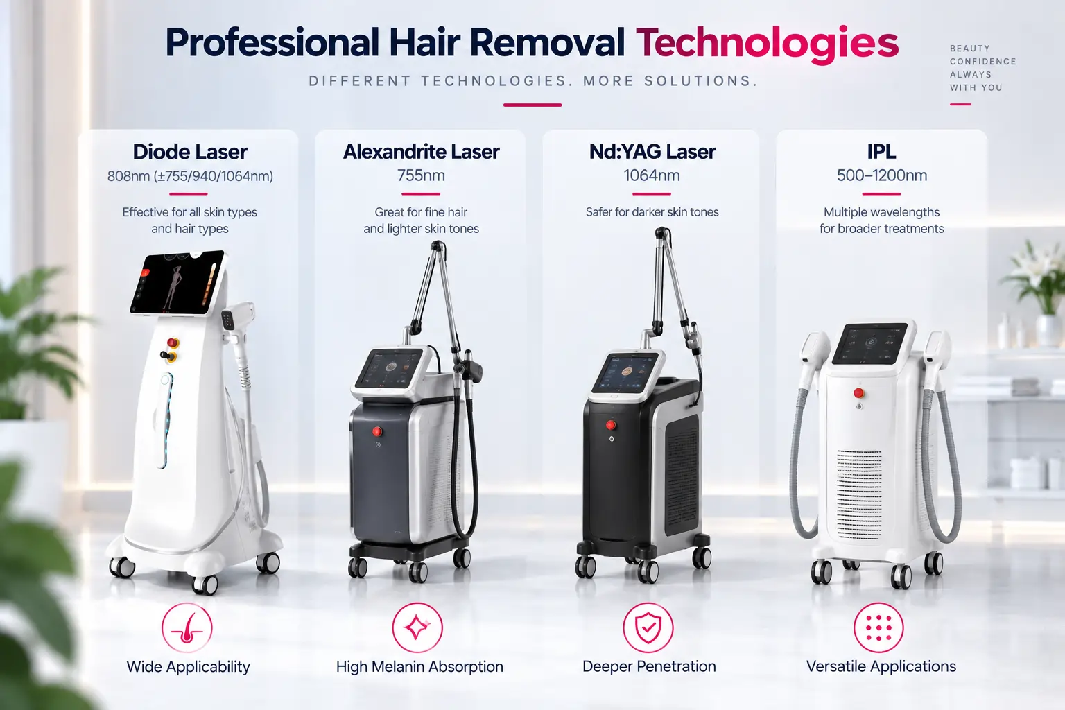 Diode Alexandrite Nd YAG and IPL professional hair removal machine comparison