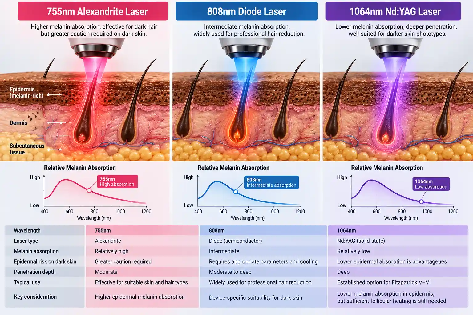 Comparison of 755nm alexandrite 808nm diode and 1064nm Nd YAG laser hair removal wavelengths showing relative melanin absorption and considerations for dark skin