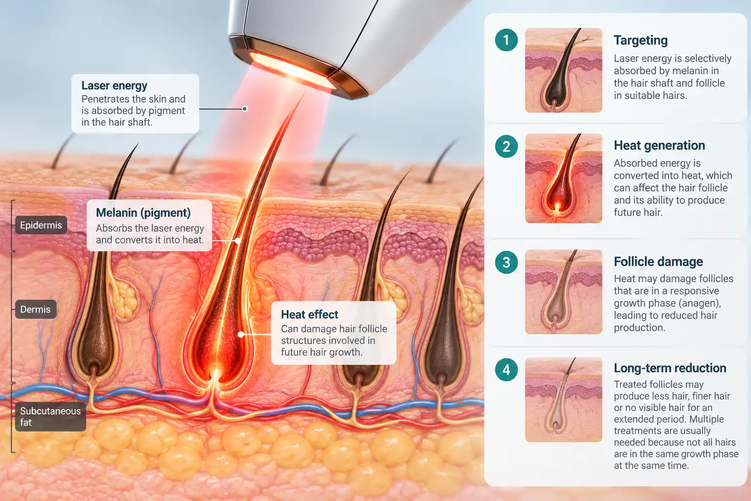 Medical illustration of laser energy targeting pigmented chest hair follicles beneath the skin