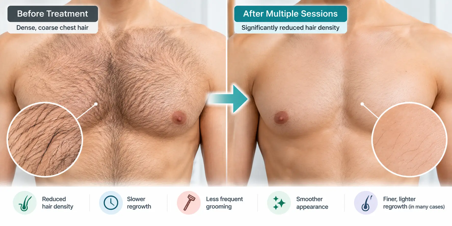 Educational before-and-after illustration showing possible reduction in coarse chest hair density following multiple laser hair removal treatments