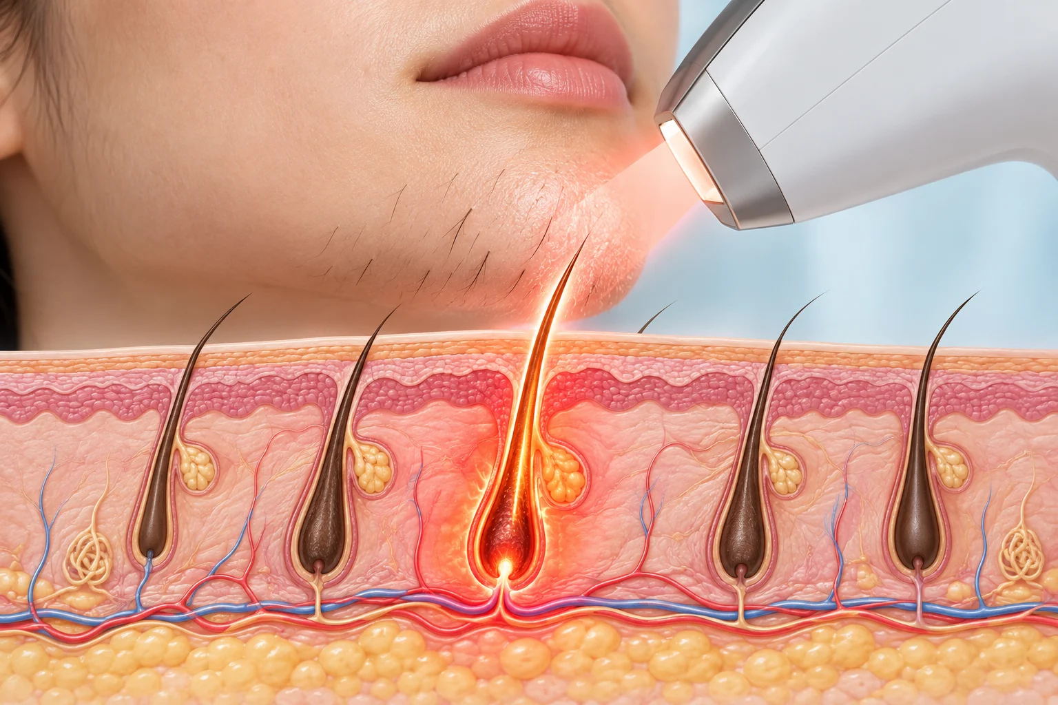 Medical cross-section illustrating laser energy absorbed by a pigmented chin hair follicle beneath the skin