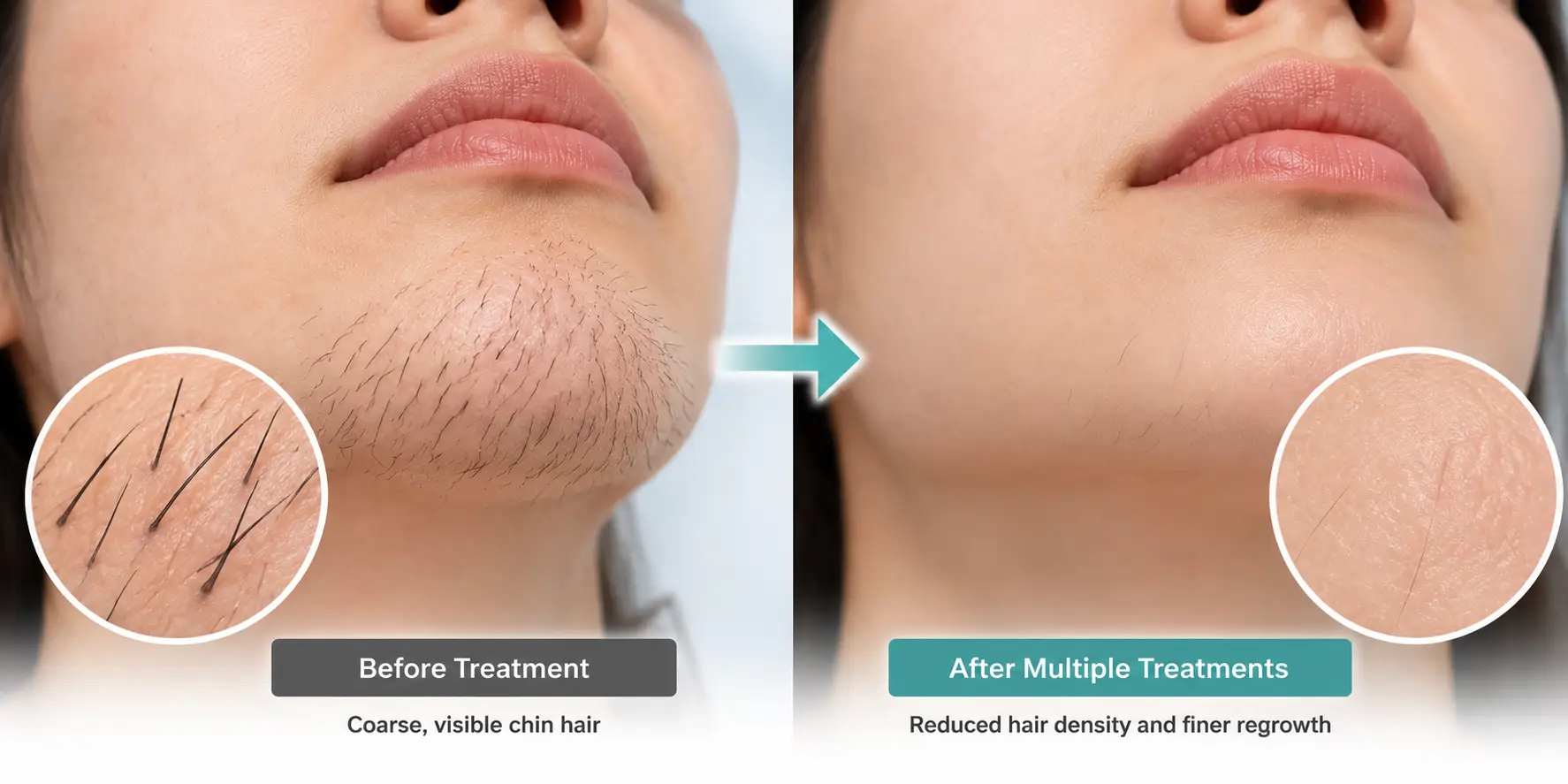 Educational illustration comparing coarse chin hair density before treatment and possible reduction after a series of laser hair removal sessions